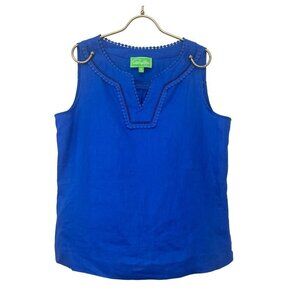 Pappagallo Linen Blouse Sleeveless Woven Ladies LARGE Blue Notched Neck Line
